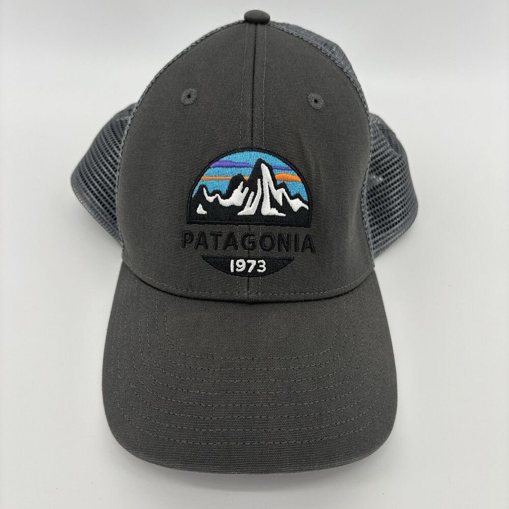 Patagonia 1973 Mountain Logo Trucker Hat Gray Mesh Snapback Adjustable Cap